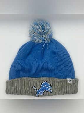 Detroit Lions ’47 Brand Pom Pom Beanie Blue Gray Knit Cuffed Hat NFL Football